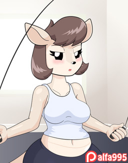 anthro black_bottomwear black_clothing black_nose blinking bottomwear bouncing_breasts breasts brown_hair clothed clothing crotch_lines exercise eyelashes female hair jump_rope jumping mature_anthro mature_female midriff monotone_bottomwear monotone_clothing monotone_shirt monotone_topwear navel open_mouth patreon_logo shirt short_hair solo tank_top thick_thighs tight_bottomwear tight_clothing tight_shirt tight_topwear topwear white_clothing white_shirt white_topwear wide_hipped_female wide_hips workout alfa995 patreon jill_(alfa995) kangaroo macropod mammal marsupial 2018 2d_animation animated animated_gif digital_media_(artwork) short_playtime