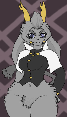 accessory anthro antlers armwear black_armwear black_clothing black_elbow_gloves black_gloves black_handwear black_topwear black_vest blue_eyes bracelet breasts capelet closed_frown clothed clothed_anthro clothed_female clothing crotch_tuft diamond_eyes elbow_gloves eyebrow_through_hair eyebrows female female_anthro floppy_ears front_view frown frowning_at_viewer fur geometric_background gloves grey_body grey_fur grey_nose hair hair_accessory hair_ring handwear hip_tuft horn jewelry long_ears looking_at_viewer lop_ears medium_breasts medium_hair mouth_closed navel simple_background slim slim_anthro slim_female small_waist solo standing tail tail_tuft thick_thighs topwear translucent translucent_hair tuft vest white_capelet white_clothing wide_hipped_anthro wide_hipped_female yellow_antlers commonbleat pseudoregalia sybil_(pseudoregalia) bovid caprine domestic_cat felid feline felis goat lagomorph leporid mammal rabbit 2024 aliasing binary_drawing digital_drawing_(artwork) digital_media_(artwork) english_description portrait three-quarter_portrait