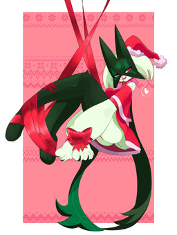 3_fingers 3_toes anthro bell bound bow_ribbon breasts butt christmas_clothing christmas_headwear claws clothing cute_fangs eyelashes fangs feet female finger_claws fingers flower_(anatomy) fur green_body green_fur green_tail hands_tied hat headgear headwear heart_symbol holidays mask medium_breasts open_mouth pink_eyes pink_nose santa_dress santa_hat solo tail teeth toes kemokoko christmas nintendo pokemon generation_9_pokemon meowscarada pokemon_(species) absurd_res hi_res