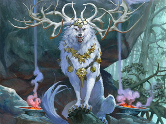 ambiguous_gender antlers claws feral forest front_view fur gold_(metal) gold_jewelry horn jewelry plant rock sharp_teeth sitting smoke solo teeth tree white_body white_fur jesper_ejsing hasbro magic:_the_gathering wizards_of_the_coast anara_(magic:_the_gathering) canid mammal 2018 hi_res official_art traditional_media_(artwork)