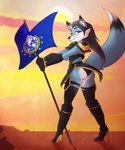 accessory anthro armor biped black_hair blue_body blue_fur boots butt cheek_tuft clothed clothing cloud countershade_butt countershade_face countershade_fur countershading ear_piercing ear_ring eyebrows eyelashes facial_tuft female female_anthro fictional_flag flag flag_(object) footwear fur gloves hair handwear high_heeled_boots high_heels holding_flag holding_object inner_ear_fluff lgbt_pride long_hair looking_at_viewer looking_back looking_back_at_viewer multicolored_accessory outside piercing pink_eyes pride_color_accessory pride_color_piercing pride_colors rainbow_piercings rainbow_pride_colors rainbow_symbol rear_view ring_piercing shoes six-stripe_rainbow_pride_colors solo sunset tuft white_body white_fur white_inner_ear_fluff spider_bones helldivers ashley_(ashleyboi) canid canine fox mammal 5:6 digital_media_(artwork) hi_res shaded male_(lore)