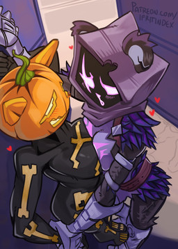 against_surface against_wall anthro bear_ears belt belt_buckle big_breasts blush blush_lines boob_press breast_on_breasts breast_squish breasts buckle butt clothed clothing collarbone duo ears_through_headwear eye_contact facial_scar female female/female food food_for_a_head for_a_head fruit hand_on_wrist heart_symbol high-angle_view hood looking_at_another looking_at_partner looking_at_viewer metal_gloves narrowed_eyes plant pumpkin pumpkin_head scar skinsuit squish standing tight_clothing moxydraws epic_games fortnite raven_team_leader spice_(fortnite) bear domestic_cat felid feline felis mammal object_head hi_res