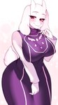 anthro big_breasts blush breasts clothed clothing dress eyebrows eyelashes female floppy_ears front_view fur horn looking_at_viewer nipple_outline purple_clothing purple_dress red_eyes scut_tail short_tail simple_background solo standing tail white_body white_fur minako0 undertale undertale_(series) toriel boss_monster_(undertale) bovid caprine mammal 2023 absurd_res digital_media_(artwork) hi_res portrait three-quarter_portrait