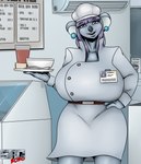 anthro beverage big_breasts bowl breasts clothed clothing container ear_piercing female food front_view grey_body grey_clothing grey_topwear hair holding_plate huge_breasts inside logo looking_at_viewer piercing purple_eyes purple_hair smile solo standing topwear romman08 koala mammal marsupial vombatiform 2020 artist_logo dated hi_res