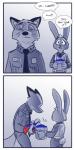 2016 anthro blueberry_(fruit) canid canine clothed clothing comic dialogue disney duo english_text fan_character female food fox fruit hi_res july_hopps_(mistermead) lagomorph leporid male mammal nick_wilde plant police police_uniform rabbit red_fox rockbottomfeeder simple_background speech_bubble text true_fox uniform zootopia
