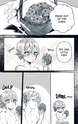 adolescent alternate_species basket blush container dialogue eyelashes food hair male muffin solo sparkles speech_bubble split_form text young young_humanoid young_male kurosh00kie black_butler ciel_phantomhive aquatic humanoid merfolk cel_shading comic digital_drawing_(artwork) digital_media_(artwork) english_text greyscale handwritten_text hi_res monochrome shaded