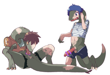 3_toes 4_fingers asymmetrical_transformation autofellatio balls bent_over blue_eyes blue_hair bodily_fluids bottomwear brown_hair claws clothing confusion crying cum duo erection fangs feet fingers fondling genital_fluids genitals green_body green_skin growth hair hand_on_head ineffective_censorship light_body light_skin long_neck looking_at_another looking_at_partner looking_at_self male masturbation mid_transformation navel on_ground open_mouth oral oral_masturbation pants pattern_clothing pattern_shirt pattern_topwear penile penile_masturbation penis quadruped scales self_fondle shirt side_view simple_background species_transformation standing striped_clothing striped_shirt striped_topwear stripes tail tail_growth tears teeth toes tongue tongue_out topwear torn_clothing transformation white_background white_body yellow_sclera fuka_(kantoku) fan_character dinosaur lizard prehistoric_species reptile scalie 2021 censored hi_res