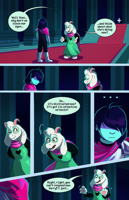 3_toes 4_fingers anthro armor barefoot blue_body cape clothing dark_hair dialogue duo eyes_closed eyewear feet fingers fur glasses hair hair_over_eyes head_tuft horn looking_at_another male obscured_eyes pawpads pillar red_carpet robe scarf shirt speech_bubble talking_to_another text toes topwear tuft tunic white_body white_fur lynxgriffin deltarune undertale_(series) kris_dreemurr ralsei bovid caprine darkner goat human mammal comic english_text hi_res shaded