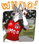 anthro black_nose bottomwear celebration clothed clothing detailed_background eyes_closed football_player fur goal grass grey_body grey_fur jersey male neck_tuft plant shirt smile soccer solo sport stadium text text_on_clothing topwear tuft uniform whiskers white_body white_fur spookyyote adidas bank_of_montreal major_league_soccer toronto_fc andre_wolf canid canine canis mammal wolf digital_media_(artwork) english_text hi_res