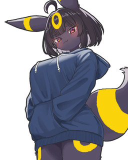 ahoge anthro anthrofied black_hair blush bottomless breasts clothed clothed_anthro clothed_female clothing female female_anthro fur grey_body grey_fur hair hand_in_pocket hoodie hoodie_only kemono looking_at_viewer pockets pokemorph short_hair simple_background solo tail topwear topwear_only white_background yellow_body yellow_fur neko_t_chan nintendo pokemon eeveelution generation_2_pokemon pokemon_(species) umbreon 2025 4:5 digital_media_(artwork) hi_res
