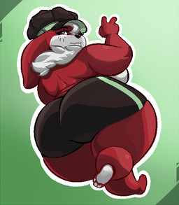 anthro big_butt biped bottomwear breasts butt clothed clothing female fur gesture hair hand_gesture hat headgear headwear huge_butt looking_back neck_tuft overweight overweight_anthro overweight_female partially_clothed rear_view red_body red_eyes red_fur shorts shortstack side_boob smile solo tailless thick_thighs topless tuft v_sign white_body white_fur white_hair wide_hips conditional_dnp daserfomalhaut canid canine canis domestic_dog mammal aliasing digital_media_(artwork)