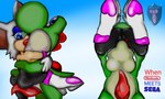 anthro camel_toe duo female genitals interspecies male partially_inside penis text vore knotalot mario_bros nintendo sega sonic_the_hedgehog_(series) rouge_the_bat green_yoshi yoshi 5:3 english_text hi_res