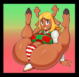 anthro belly big_breasts big_butt black_border blonde_hair border bottomwear breasts brown_body brown_fur buckteeth butt camel_toe clitoris_outline clothing cloven_hooves eyelashes female freckled_butt freckled_face freckles fur genital_outline hair hooves inner_ear_fluff leaning leaning_backward legs_up long_eyelashes long_sleeves panties partially_clothed_female pattern_bottomwear pattern_clothing pattern_panties pattern_underwear presenting presenting_hindquarters red_nose shirt short_tail smile solo spread_legs spreading striped_bottomwear striped_clothing striped_panties striped_underwear stripes tail teeth topwear tuft underwear vest vulva_outline mehdrawings deltarune undertale_(series) noelle_holiday deer mammal new_world_deer reindeer 2025 absurd_res hi_res