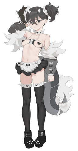 biped black_clothing black_hair breasts clothed clothing collar eyelashes female footwear hair legwear navel pasties pigtails pupils shoes simple_background solo tail thigh_highs esearu humanoid tailed_humanoid absurd_res hi_res