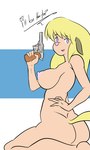 anthro blonde_hair breasts female fur gun hair handgun nipples open_mouth open_smile ranged_weapon revolver short_hair simple_background smile solo weapon aptom7747 sherlock_hound_(series) mrs._hudson canid canine mammal absurd_res hi_res