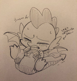 anthro clothed clothing diaper lying male on_back solo text unclean_diaper used_diaper using_diaper wearing_diaper young osusimarumaru friendship_is_magic hasbro my_little_pony mythology spike_(mlp) dragon mythological_creature mythological_scalie scalie hi_res japanese_text sketch traditional_media_(artwork) translation_request