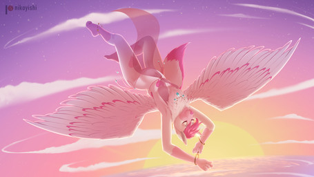 anklet anthro bracelet breasts clothed clothing cloud dress eyebrows eyes_closed falling feathered_wings feathers female fluffy fluffy_tail flying fur grey_body grey_fur hair inner_ear_fluff jewelry necklace outside panties pink_body pink_fur sea sky solo star sunset tail translucent translucent_clothing tuft underwear upside_down water white_body white_fur wide_hips wings conditional_dnp nikoyishi vixie_valentine_(derpynicole) arctic_fox canid canine fox mammal true_fox 16:9 2022 4k absurd_res digital_media_(artwork) hi_res shaded wallpaper widescreen