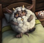 2_horns 3_fingers 3_toes amber_eyes bed bedroom_eyes biped cake camel_toe chest_gem dessert detailed_background eyelashes feet female feral fingers food front_view fur furniture gem grey_body grey_fur horn inside looking_at_viewer lying narrowed_eyes on_back on_bed pawpads paws raised_leg seductive short_tail small_horn solo tail toes white_body white_fur white_wool wool_(fur) hootingfish palworld pocketpair bovid lamball mammal pal_(species) hi_res