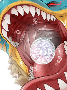 ambiguous_form ambiguous_gender blue_body bodily_fluids dripping mouth_shot open_mouth red_eyes red_tongue saliva saliva_drip simple_background solo teeth tongue white_background yellow_body swampjaws capcom monster_hunter grev_(greviste) flying_wyvern scalie tigrex hi_res