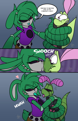 abstract_background anthro blue_tongue bodily_fluids dialogue duo female green_body kissing machine male male/female mind_break onomatopoeia red_eyes restrained saliva saliva_string sound_effects spiral_background tentacles text tongue transformation jamearts sega sonic_the_hedgehog_(series) fan_character jimmy_basil-lisk lagomorph leporid lizard mammal rabbit reptile robot scalie absurd_res comic hi_res
