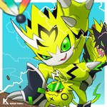 anthro boots claws clothing electricity evolutionary_family footwear gloves green_eyes group handwear lightning shoes solo yellow_body kasuga_dn bandai_namco digimon bulkmon digimon_(species) pulsemon 1:1