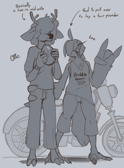 anthro antlers avian_feet bodily_fluids butt butt_grab clock clothed clothing cloven_hooves devil_horns_(gesture) duo egg eyebrow_piercing facial_piercing feather_hair feather_hands feathers female gesture hair hair_over_eye hair_over_eyes hand_gesture hand_on_butt hooves horn implied_oviposition looking_at_viewer male motorcycle piercing pseudo_hair shaking shaking_legs shivering sweat tail tail_feathers text text_on_clothing text_on_topwear tongue tongue_out tongue_piercing topwear unguligrade vehicle watch winged_arms wings wristwatch onleigh lee_(onleigh) otto_(onleigh) avian deer mammal absurd_res english_text greyscale hi_res monochrome sketch