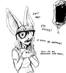 anthro blood blood_bag bodily_fluids dialogue eyewear female glasses solo text hladilnik buffy_(hladilnik) bat leaf-nosed_bat mammal microbat vampire_bat yangochiropteran 2024 black_and_white english_text hi_res monochrome