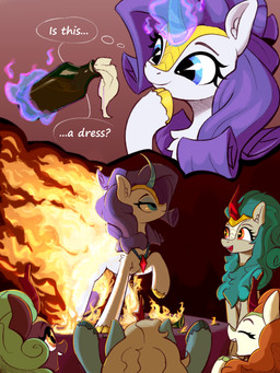 alternate_species blonde_hair blue_eyes bottle burning cloven_hooves container dialogue eyebrows eyelashes eyes_closed eyeshadow female feral fire fur green_hair group hair hooves horn magic makeup molotov_cocktail open_mouth orange_eyes orange_hair purple_hair purple_tail quadruped tail tan_body tan_fur teeth text thought_bubble white_body white_fur rnghat friendship_is_magic hasbro my_little_pony mythology autumn_blaze_(mlp) cinder_glow_(mlp) rarity_(mlp) dragon kirin mythological_creature mythological_scalie scalie 3:4 absurd_res english_text hi_res