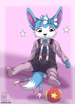 anthro black_nose blue_eyes clothing female fur neonate pink_body pink_fur solo white_body white_fur young allartskye nintendo pokemon sapphyre_(allartskye) canid canine canis eeveelution generation_6_pokemon hybrid mammal pokemon_(species) sylveon wolf hi_res