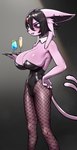 anthro beverage big_breasts biped breasts clothed clothing ear_piercing female fingers fishnet_clothing holding_object holding_serving_tray industrial_piercing piercing pokemorph serving_tray solo azuu nintendo pokemon goth_espeon_(azuu) eeveelution espeon generation_2_pokemon pokemon_(species) hi_res