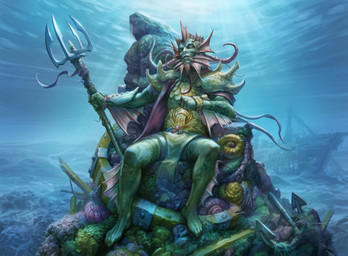 anchor armor chair detailed_background fin furniture green_body holding_melee_weapon holding_object holding_polearm holding_trident holding_weapon looking_at_viewer male melee_weapon not_furry pauldron polearm shipwreck sitting solo split_form tentacles throne trident underwater water weapon gabor_szikszai hasbro magic:_the_gathering wizards_of_the_coast aquatic humanoid merfolk absurd_res hi_res official_art