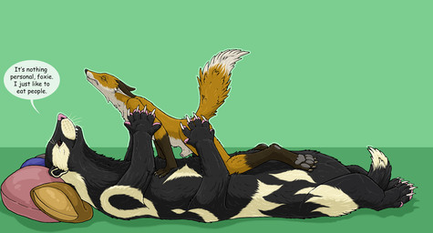 6_legs ambiguous_gender animal_genitalia animal_penis anthro black_body black_fur brown_eyes canine_genitalia canine_penis claws dialogue dipstick_tail duo fully_sheathed fur fur_markings genitals green_background lying male markings multi_leg multi_limb on_back orange_body orange_fur penis pillow restrained sheath simple_background speech_bubble tail tail_markings text whiskers white_body white_fur strega strega_(character) canid canine fox mammal mustelid taur english_text hi_res female_(lore)