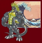 anthro big_muscles biped claws looking_at_viewer male muscular muscular_anthro muscular_male nude solo standing tail tkc2021 the_great_wave_off_kanagawa reptile scalie