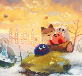 ambiguous_gender biped blue_body blue_eyes blush blush_stickers cloud cloudy_sky day detailed_background eyes_closed female feral fur grass group happy headpat log looking_at_another mountain multicolored_body multicolored_fur one_eye_closed open_mouth open_smile orange_body orange_fur outside pink_body plant red_body sitting sky smile snow sunrise two_tone_body two_tone_fur waterfall whiskers white_body white_fur wood suyasuyabi427 hal_laboratory kirby's_dream_land_3 kirby_(series) nintendo chuchu_(kirby) gooey_(kirby) kirby pitch_(kirby) shiro_(kirby) ambient_arthropod ambient_butterfly ambient_insect avian batamon bird bobtail_cat bronto_burt broom_hatter calico_cat chilly_(kirby) corori_(kirby) dark_matter_(kirby) domestic_cat emp_(kirby) felid feline felis gordo humanoid japanese_bobtail kabu_(kirby) koozer mammal polof ufo_(kirby) 2024 digital_drawing_(artwork) digital_media_(artwork) hi_res watermark female_(lore) male_(lore)