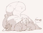 anthro belly big_belly big_butt biped butt claws dialogue feet finger_claws fluffy fluffy_tail fur group hair huge_belly huge_butt larger_anthro larger_male lying male morbidly_obese morbidly_obese_anthro morbidly_obese_male nude obese obese_anthro obese_male on_another on_front overweight overweight_anthro overweight_male pawpads paws size_difference smaller_anthro smaller_male smothering speech_bubble tail text toe_claws trio catarsi lioen ailurid bear felid lion mammal pantherine red_panda 2021 digital_drawing_(artwork) digital_media_(artwork) english_text hi_res monochrome