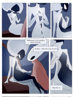 anthro bedroom biped black_body black_eyes border bottomless bottomless_female bottomless_humanoid cloak clothed clothing detailed_background dialogue duo empty_eyes eye_contact featureless_crotch female female/female female_anthro female_humanoid humanoid_on_anthro inside looking_at_another looking_at_partner mouthless red_cloak red_clothing sitting speech_bubble talking_to_another talking_to_partner text undressing_self white_body white_border white_eyes justdog hollow_knight:_silksong hollow_knight_(franchise) team_cherry hornet_(hollow_knight) lace_(hollow_knight:_silksong) arthropod humanoid 2025 comic digital_drawing_(artwork) digital_media_(artwork) english_text hi_res