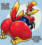 4_toes anisodactyl anthro avian_feet backpack beak big_butt butt eyelashes feathers feet female green_eyes huge_butt hyper hyper_butt kneeling looking_back red_body red_feathers solo stuck tail tail_feathers teeth thick_thighs toes toothed_beak latchk3y banjo-kazooie rareware kazooie avian bird breegull 2024 hi_res