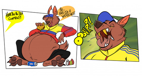 anthro beer_cans belly big_belly bloated bodily_fluids bottomwear brown_body brown_fur burger burping clothing dialogue fangs food fur hat headgear headwear male offscreen_character open_mouth pants saliva shirt solo stuffing teeth text topwear track_jacket yellow_sclera remmyfox canid canine canis mammal wolf comic