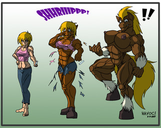 abs anthro base_one_layout basic_sequence big_breasts blonde_hair blonde_pubes breasts brown_nipples clothing exclamation_point female gradient_background growth hair human_to_anthro linear_sequence muscle_growth muscular muscular_anthro muscular_female nipples nude one_row_layout pubes simple_background solo species_transformation surprised tail three_frame_image three_frame_sequence torn_clothing transformation transformation_sequence ultimate_havoc equid equine horse human mammal 2007 sequence