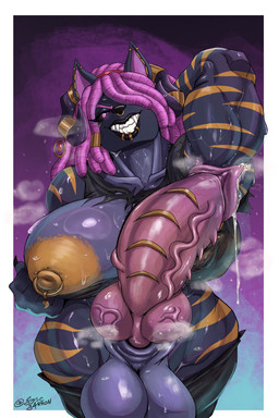 animal_genitalia animal_penis anthro areola armpit_hair balls bedroom_eyes biceps big_areola big_balls big_breasts big_nipples big_penis bodily_fluids body_hair bottomwear bottomwear_down breasts canine_genitalia canine_penis clothed clothing ear_piercing facial_piercing fur genital_fluids genitals gynomorph hair hair_over_eye hand_behind_head huge_breasts huge_penis intersex knot knotted_penis leaking_precum lip_piercing lip_ring looking_at_viewer muscular muscular_anthro muscular_gynomorph muscular_intersex narrowed_eyes nipple_outline nipple_piercing nipple_ring nipples nose_piercing nose_ring one_eye_obstructed pants pants_down partially_clothed penis piercing precum precum_string pubes ring_piercing seductive septum_piercing septum_ring sheath shirt simple_background smile solo sweat sweatdrop sweaty_body sweaty_breasts tank_top teeth thick_thighs topwear torn_clothing torn_tank_top torn_topwear vaginal_fluids vein veiny_penis wide_hips g4rron shina_(intresszero) anubian_jackal canid canine canis jackal mammal digital_media_(artwork) hi_res
