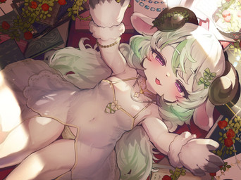 anthro arm_tuft black_eyebrows black_fingers black_horn black_nose book bovid_horn bracelet breasts caprine_horn clothing dress eyebrows female flower frilly frilly_clothing fur gold_(metal) gold_bracelet gold_jewelry green_clothing green_panties green_ribbon green_underwear half-closed_eyes horn inside jewelry kemono light loli looking_at_viewer lying narrowed_eyes navel_outline necklace open_mouth panties pink_inner_ear plant pose purple_eyes red_flower ribbons rose_(flower) small_breasts solo spread_arms sunlight tuft underwear vines white_body white_clothing white_dress white_ears white_fur white_ribbon young young_anthro young_female nyankone bovid caprine goat mammal detailed digital_drawing_(artwork) digital_media_(artwork) hi_res