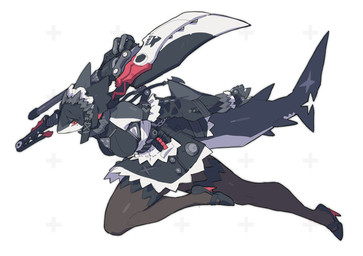 5_fingers alternate_species anthro anthrofied armwear bent_leg big_breasts biped black_body black_clothing black_hair black_skin black_tail breasts clothed clothed_anthro clothed_female clothing elbow_fin female female_anthro fin fingers footwear furgonomics glistening glistening_eyes hair head_fin high_heels holding_object holding_weapon kemono legwear looking_at_viewer maid_headdress maid_uniform markings midair mole_(marking) mouth_closed multicolored_body multicolored_clothing multicolored_skin non-mammal_breasts noseless notched_fin notched_tail pantyhose pupils red_eyes shoes simple_background solo tail tail_fin thick_thighs two_tone_body two_tone_clothing two_tone_skin two_tone_tail uniform weapon white_background white_body white_clothing white_sclera white_skin white_tail zipper oraingen mihoyo zenless_zone_zero ellen_joe_(zzz) fish marine shark thiren 2023 digital_media_(artwork) full-length_portrait hi_res portrait shaded
