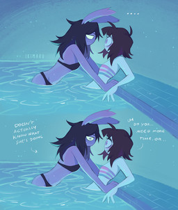 anthro black_hair blush bodily_fluids brick brown_hair clothing duo female female/female fur hair human_on_anthro interspecies nervous partially_submerged purple_body purple_fur smile smiling_at_another sweat sweatdrop swimming_pool swimwear text white_text ikimaru glitch_productions the_amazing_digital_circus gooseworx's_post-transition_jax_design jax_(tadc) pomni_(tadc) human lagomorph leporid mammal rabbit english_text hi_res signature trans_(lore) trans_woman_(lore)