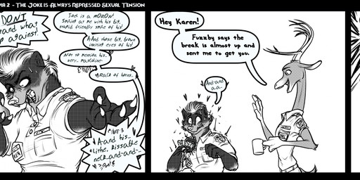 3_toes 4_fingers anthro antlers barefoot beverage bodily_fluids breasts cellphone claws clothed clothed_anthro clothed_female clothed_male clothing coffee coffee_mug dialogue duo electronics fangs feet female finger_claws fingers fur hair hindpaw horn humanoid_hands interspecies male male/female paws phone phone_call police police_officer police_uniform pounce smartphone speech_bubble sweat teeth text toes uniform unprofessional_behavior wastedtimeee disney zootopia joel_(zootopia) karen_(zootopia) antelope badger bovid honey_badger mammal mustelid musteline absurd_res comic english_text hi_res url