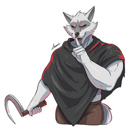 anthro biceps bottomwear cheek_tuft claws cloak clothed clothing facial_markings facial_tuft fur fuzzy glowing glowing_eyes grey_body grey_fur hair head_markings head_tuft holding_object holding_weapon looking_at_viewer male markings mask_(marking) muscular muscular_anthro muscular_male open_mouth pants poncho red_eyes shush sickle simple_background smile solo standing teeth tuft weapon white_background adrovmike dreamworks mythology puss_in_boots_(franchise) death_(puss_in_boots) canid canine canis mammal wolf digital_media_(artwork) hi_res signature