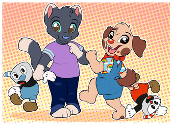 anthro border character_plushie clothing duo holding_object holding_plushie male open_mouth plushie purple_clothing purple_shirt purple_topwear shirt smile topwear white_border young young_anthro muffinscribbles cuphead_(game) cuphead_(character) mugman canid canine canis domestic_dog humanoid mammal