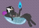 anthro bath bathing bathtub black_body black_hair black_nose breasts elemental_manipulation female fire fire_manipulation glass hair legs_up magic magic_user mask medium_hair nipples pillow red_eyes smile solo steam translucent water white_hair trinitygodag patreon ravencrown_(caverdae) canid canine canis mammal wolf 2023 absurd_res censored digital_drawing_(artwork) digital_media_(artwork) flat_colors hi_res signature