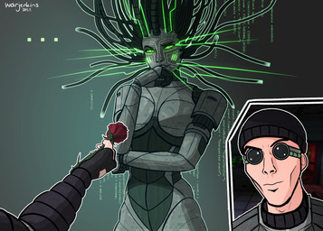 artificial_intelligence beanie blush breasts cable circuit_markings clothing duo female fingerless_gloves flower gloves green_eyes handwear hat headgear headwear machine male male/female markings plant rose_(flower) shocked standing thinking warjenkins chad_(meme) system_shock system_shock_2 shodan human humanoid mammal robot robot_humanoid absurd_res hi_res meme