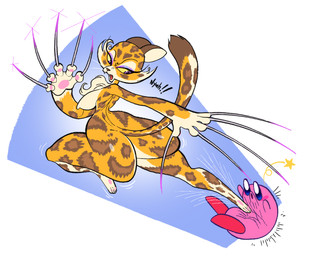 anthro breasts chest_fur chest_tuft claws countershading duo eyelashes female makeup male nipples nude pawpads text tuft kaboozey kirby_(series) kirby_and_the_forgotten_land nintendo clawroline kirby felid leopard mammal pantherine 2022 english_text