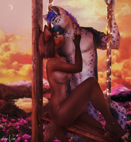 anthro blue_hair breasts duo facial_piercing female green_eyes hair hug licking male male/female nipple_piercing nipples nose_piercing nose_ring nude outside piercing ring_piercing spots tongue tongue_out alenkavoxis canid canine canis domestic_dog mammal character_request digital_media_(artwork) hi_res shaded